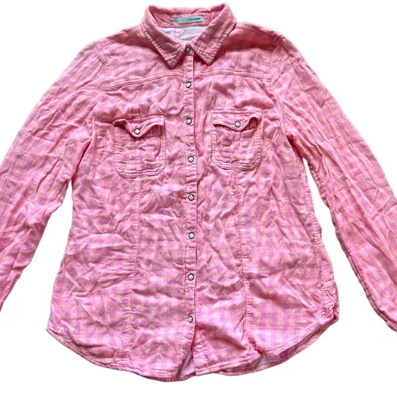 Maurices pink & orange plaid checkered long sleeve button down shirt - Picture 2 of 14